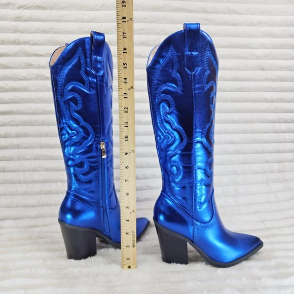 Metallic Western Knee High Cowgirl Cowboy Boots - Royal Blue Cobalt Blue - Picture 14 of 16